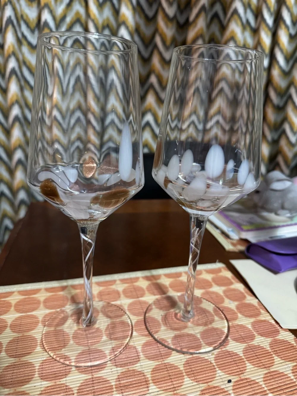Hand-Blown Clear Wine Glasses with White and Gold Detail - Set of 2